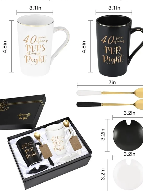 40th Anniversary Coffee Mug Set - Black & White with Gold Script - Picture 3 of 7